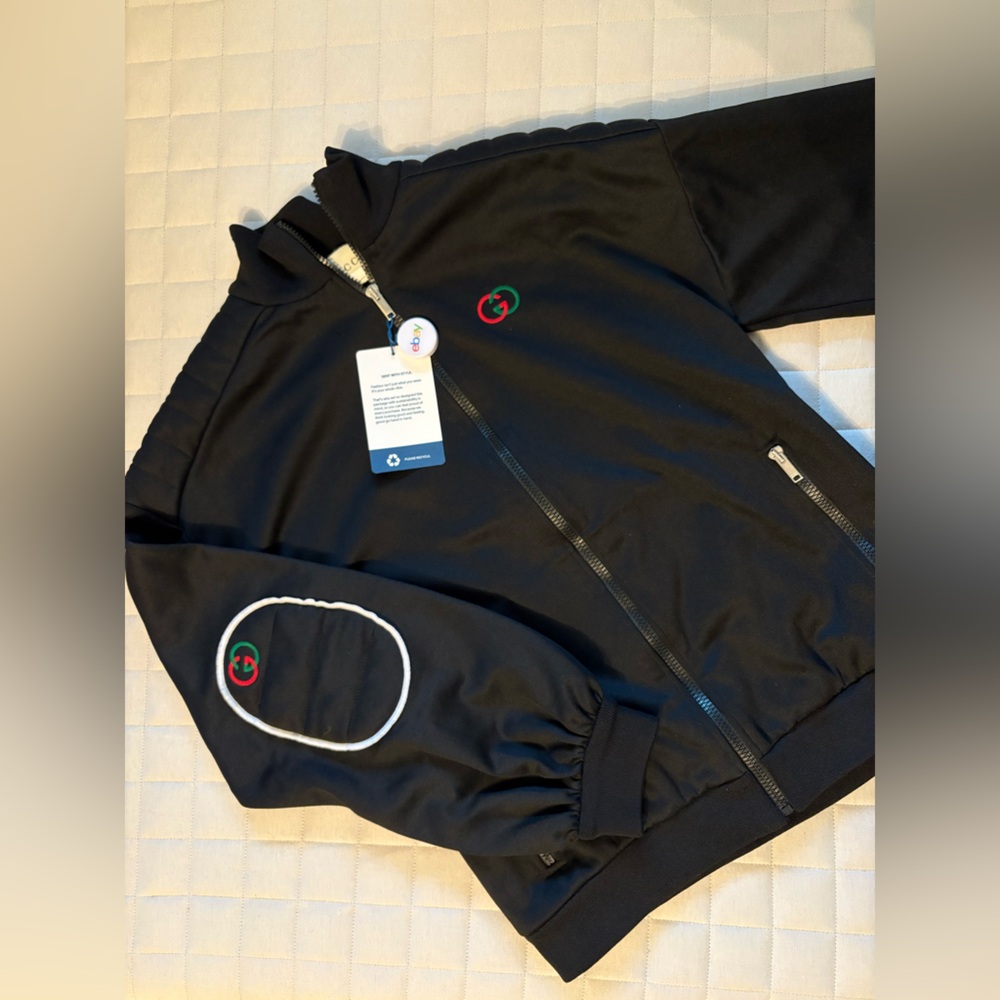 Gucci Black Technical Jersey Zipper Jacket with Red and Green Embroidery